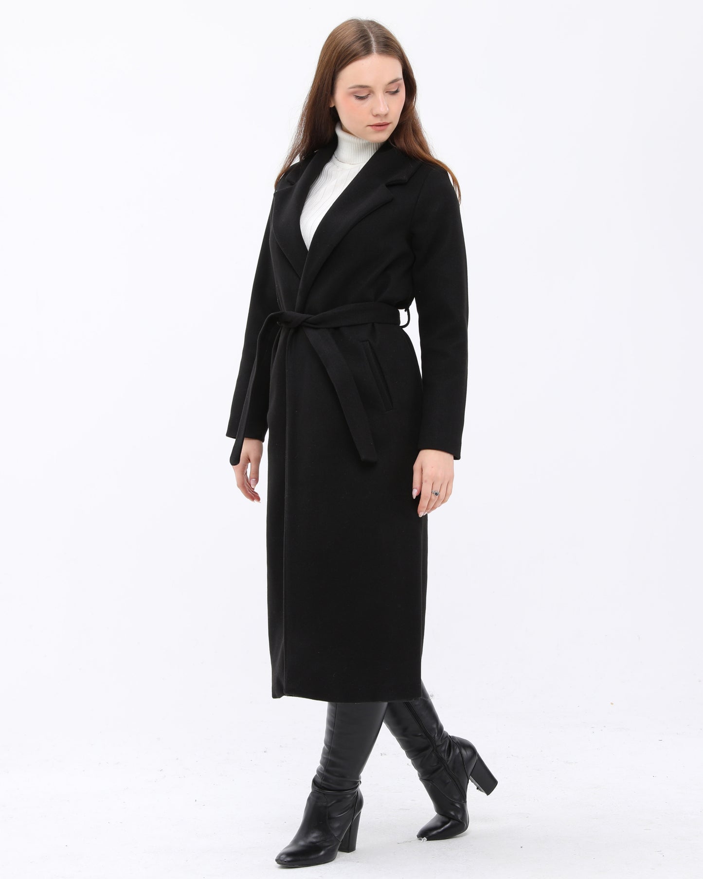 Black Wool Coat with Belt